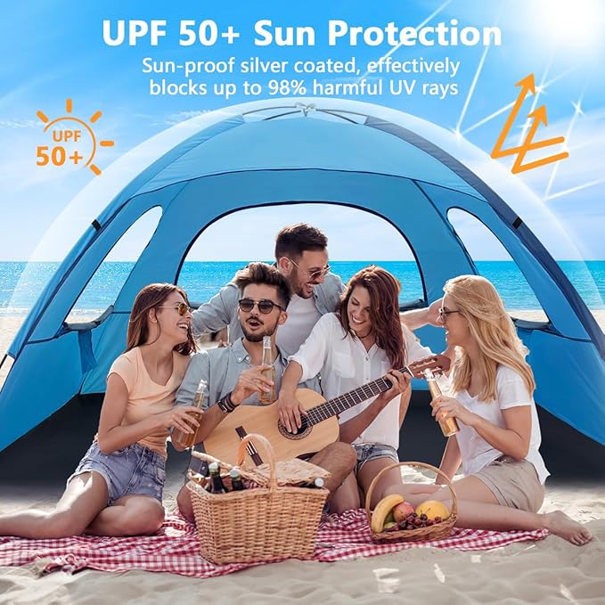 NXONE Beach Tent Sun Shade Shelter for 3/4/6 Person Person with UV Protection, Extended Floor, 3 Mesh Roll Up Windows & 8.0/8.5mm Fiberglass Rods丨Carry Bag Included