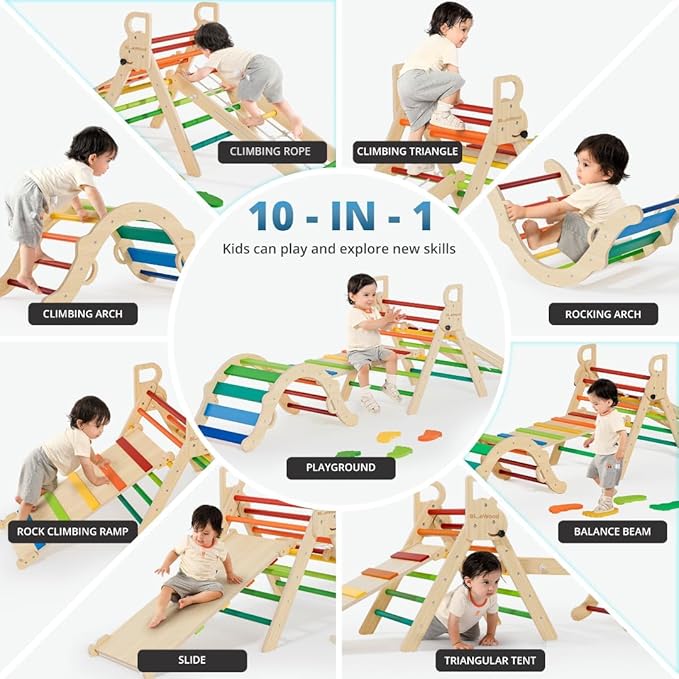 BlueWood 10-in-1 Pikler Triangle Set, Toddler Climbing Toys Indoor, Montessori Climber, Baby Jungle Gyms with Arch, Extra Rope Ladder & Footprint Balance Beam - Neon Aurora