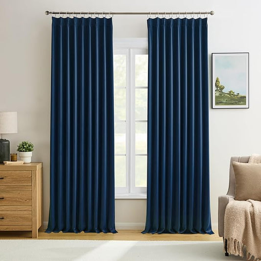 KEQIAOSUOCAI 2 PCs Navy Blue Pleat Wide Drapes for Sliding Glass Door 60 Wide x 105 Inch Long, Privacy Light Block Noise Reduce Insulated Ceiling to Floor for Locker Room Basement Bedroom Closet