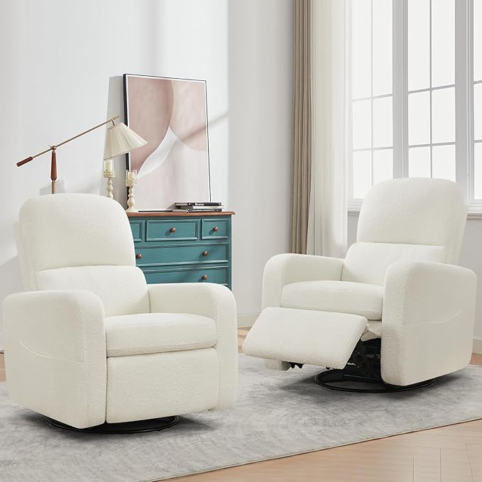 Swivel Rocker Recliner, Oversized Boucle Glider Recliner Nursery, Manual Swivel Rocking Reclining Chairs with Removable Cushion and Lumbar Support for Nursery Living Room Bedroom, Teddy White