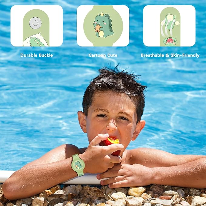 R-fun Waterproof Air Tag Bracelets[2 Pack] Compatible with Apple Air Tag Finders with Cartoon Pattern,Anti Lost GPS Item Finders Case Cover,Green Dinosaur/Blue Shark