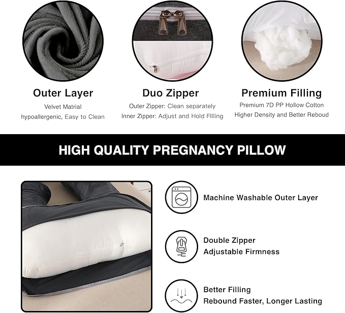 Pregnancy Pillow, Full Body 57 Inch Maternity Pillow with Removable Washable Cover - Sleep Support for Legs, Back, Neck, Shoulder, HIPS, Belly for Pregnent Women, Black Grey Velvet Cover