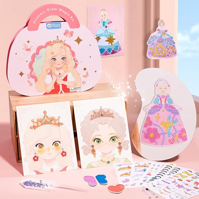 4 in 1 Princess Art Craft Kits, Foil Crafts Art Fun & Gem Painting, Makeup Diamond DIY Activity, Dress Up Sticker Books,Travel Toys, Ideal Toys for Girls Ages 6 7 8+ Years Old