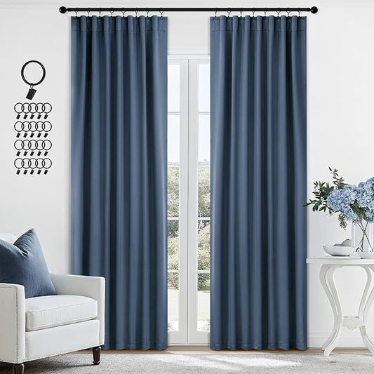 ANRODUO Back Tab Blackout Curtains for Bedroom Living Room, Rod Pocket Pinch Pleated Thermal Insulated Room Darkening Curtains 90 Inches Long 2 Panels, Stone Blue, 42 x 90 Inch