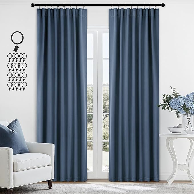 ANRODUO Back Tab Blackout Curtains for Bedroom Living Room, Rod Pocket Pinch Pleated Thermal Insulated Room Darkening Curtains 84 Inches Long 2 Panels, Stone Blue, 42 x 84 Inch