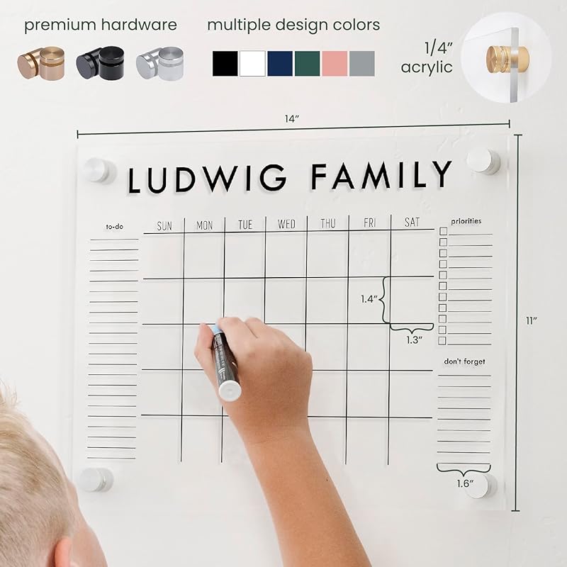 Personalized Clear Acrylic Calendar for Wall, Calendar Whiteboard for Wall, Dry Erase Wall Calendar, Wall Calendar Organizer System for Home (Block, White, 14"W x 11"H)