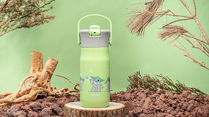 Zak Designs Harmony Star Wars The Mandalorian Kid Water Bottle for Travel or At Home, 14oz Recycled Stainless Steel is Leak-Proof When Closed and Vacuum Insulated (Baby Yoda, Grogu)
