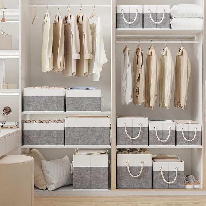 Yawinhe Foldable Storage Basket 3-Pack, Large Fabric Bins with Rope Handle, Used for Organizing Shelves, Closets, Clothes, 12.99''Lx9.05''Wx7.87''H, White/Grey