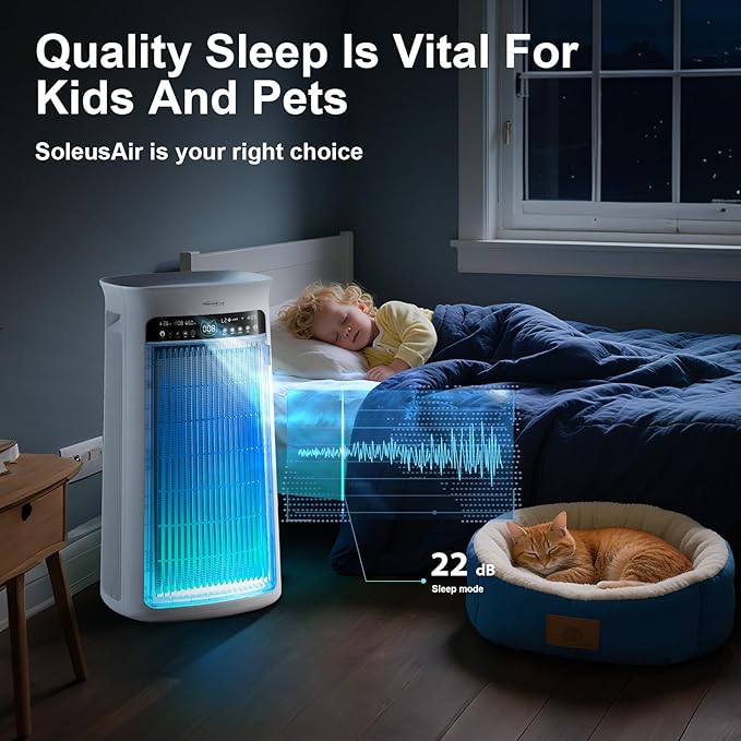 Soleus Air Air Purifier for Large Room Up to 4000 Sq. Ft, Pet Air Purifier for Home Bedroom, with Washable Pre-Filter, 3-Channel Air Quality Monitor, 4-in-1 HEPA, 22dB Quiet Sleep Auto