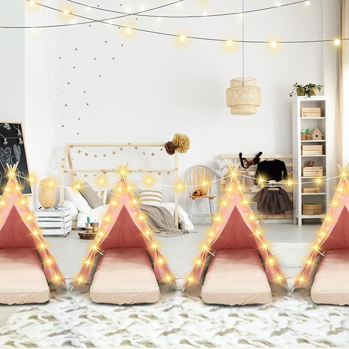 6 Pack Sleepovers Teepee Tent for Kids Bulk with Mattress Sheet Light,Natural Cotton Washable Indoor Play Tent for Birthday Slumber Party Girls Boys Pajama Movie Night Supplies(Pink)