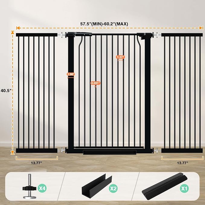 40.5" Extra Tall Baby Gate for Stairs, 57.5"-60.2" Extra Wide Dog Pet Gate No Drill, Narrow Bar Dog Gates Barrier Indoor, Adjustable Tension Safety Gate, Auto Close No Climb Fence Black