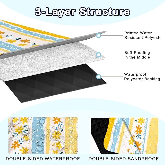 Extra Large Picnic Blanket Waterproof,80"x 80"Foldable Machine Washable Beach Blanket,Outdoor Blanket for 6-8 Adults,Suitable for Indoor Crawling,Park Beach,Camping,Hiking,Family Travel(Floral Print)