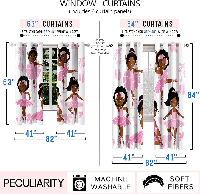 Black Girl Blackout Curtains 2 Panels 63" Inch Drapes for Kids Nursery Bedroom Kids Blackout Curtains Cute Girls Themed Grommet Top Thermal Insulated Curtains for Nursery, 82" x 63"