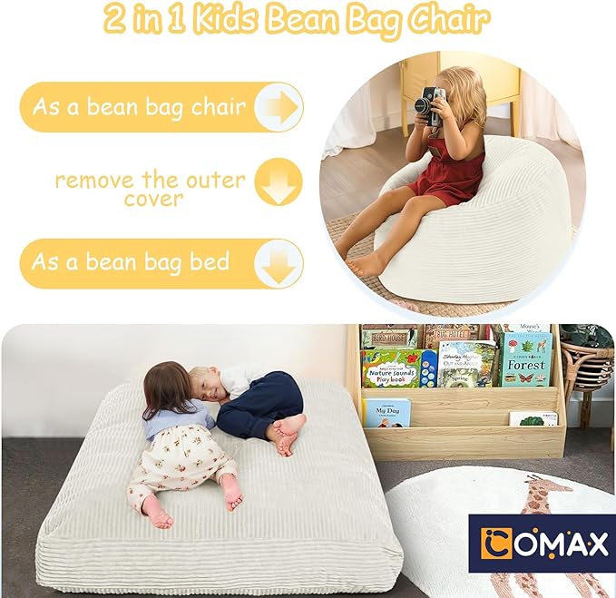 COMAX Kids Bean Bag Chair Turn into Beanbag Bed, Toddler Bean Chair Corduroy for Girl Boy Sleeping, Lazy Children Bean Bags with Filler, Convertible Child Floor Mattress, Beige