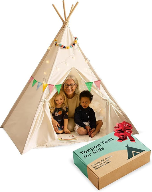 PlayVibe Kids Teepee Canopy - Baby & Toddler Play Shelter with LED Star Lights, Cozy Reading Nook, Party Canvas for Indoor Outdoor Fun - Tent for Kids - Play Tent