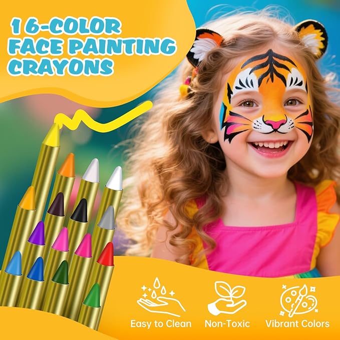 Face Painting Kit for Kids - 42 Colors Washable Face Paint Professional Face Paint Kit, with Brushes, Stencils, Palette, Gems, Crayon, Non-Toxic Body Makeup for Kids Halloween, Party, Birthday
