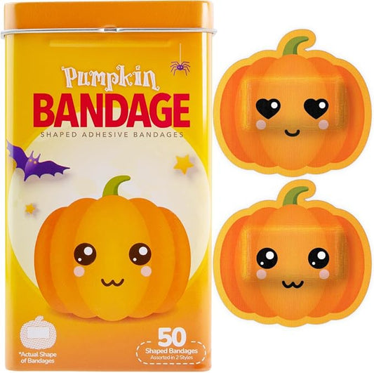 BioSwiss Bandages, Halloween Pumpkin Shaped Self Adhesive Bandage, Latex Free Sterile Wound Care, Fun First Aid Kit Supplies for Kids, 50 Count