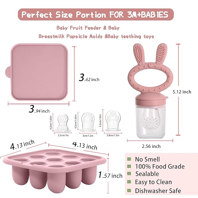 WAJIAYON Baby Breastmilk Popsicle Molds & Baby Fruit Feeder (3 Pack), Baby Food Freezer Tray Storage Containers, Silicone Teething Pacifier Feeder and Teether for Babies,Baby Feeder-Pink