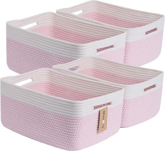 Large Storage Baskets for Organizing, Closet Shelf Baskets for Clothes Blanket Towels, Baby Nursery, Toy Bins Box, Woven Rope Baskets, 17 x 13 x 7.5”, 4 Packs Woven Pink