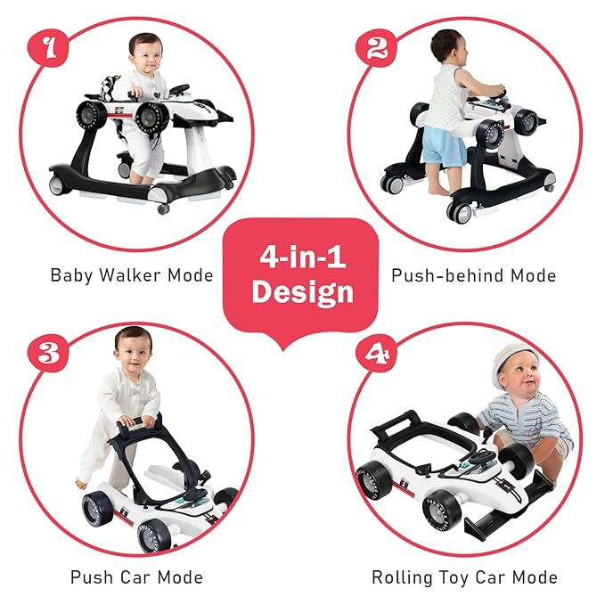 BABY JOY 4-in-1 Baby Walker, Foldable Activity Walker with Adjustable Height & Speed, Music, Lights, Anti-Rollover, Toddler Push Walker, Baby Walker with Wheels for Boys Girls 6-18 Months (White)