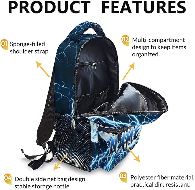 Personalized Backpacks for Boys, Motorcycle Backpack with Custom Name for Kids Kindergarten Primary Elementary Senior Middle, 17 Inch Lightweight Cool Lightning Schoolbag