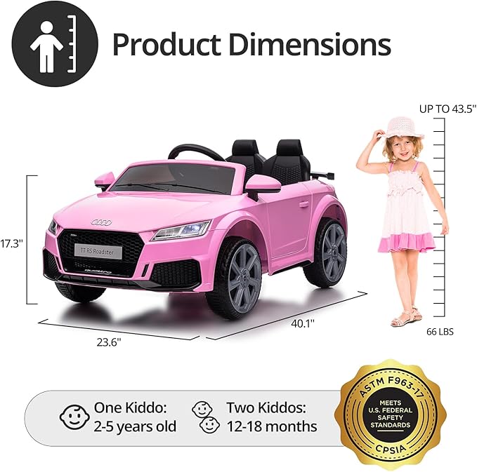 Licensed Audi Electric Kids Car, 12V Kids Ride-on Toy Car for Toddlers w/Remote - Pink