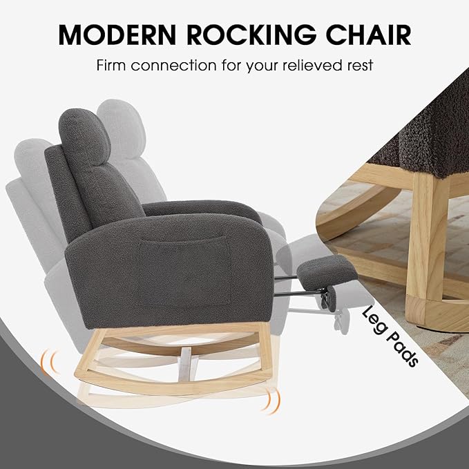 NIOIIKIT Modern Nursery Rocking Chair, Teddy Upholstered Rocking Chair with Footrest, Comfortable Rocker Chair with Side Pocket, Rocker Chair for Living Room, Bedroom, Nursing Room (Grey)