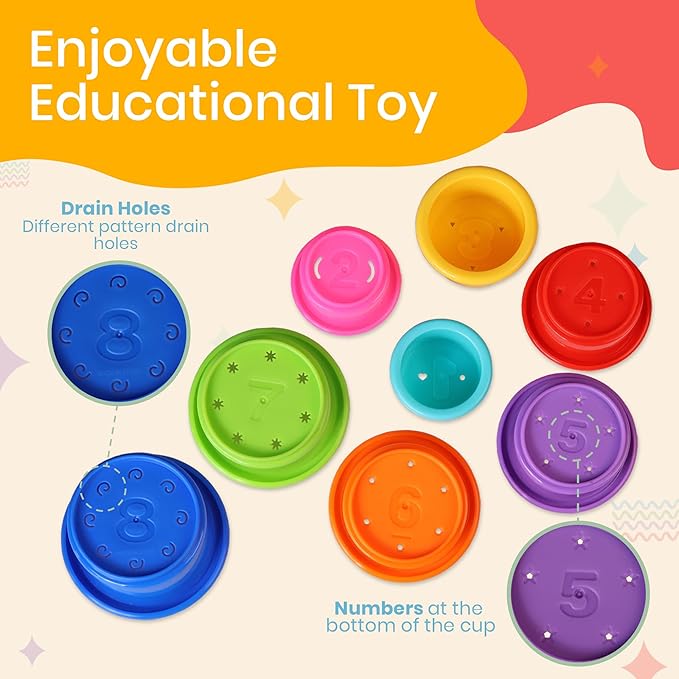 Stacking Cups Baby Toy Educational Cup Stacking Set 8-Pc Stackable Cups with Number Rainbow Nesting Cups for Babies 6-12 Months Stacking Cups for Toddlers 1-3 Perfect for Indoor/Outdoor
