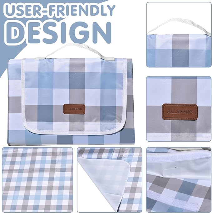 80"x60" Waterproof Sandproof Picnic Mat - Portable Foldable Outdoor Blanket for Beach, Park, Travel & Indoor Use - Lightweight Compact Design, Easy-Carry (Blue&Gray)