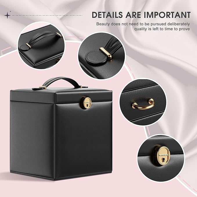5-Layer Jewelry Box with 4 Drawers, Huge Portable Jewelry Organizer with Lock and Mirror for Women, for Necklace Ring Earring Bracelet Storage, Lockable Jewelry Case, Black
