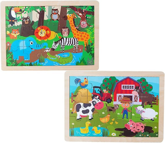 Animals Wooden Jigsaw Puzzle for Kids Set of 2 - African Wildlife and Farm Animals（15 pcs） Preschool Educational Learning Toys Gift for Toddlers Boys and Girls