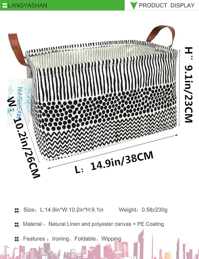LANGYASHAN Rectangular Storage Bin Collapse Canvas Fabric Cartoon Storage Basket with Handles for Organizing Home Kitchen Boys and Girls Toys Office Closet Shelf Baskets (Rec Black line)