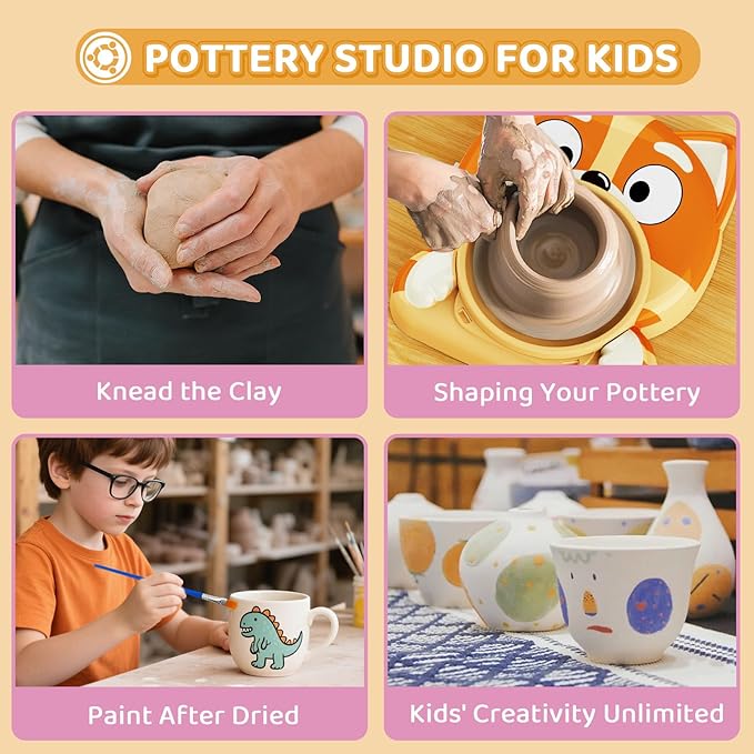 Pottery Wheel for Kids - Complete Pottery Tools Kit for Beginners, Arts and Crafts for Kids Ages 8-12 with 3 Pack Air Dry Clay, Mini Clay Making Pottery Wheel with Foot Pedal (Dog, Patented)