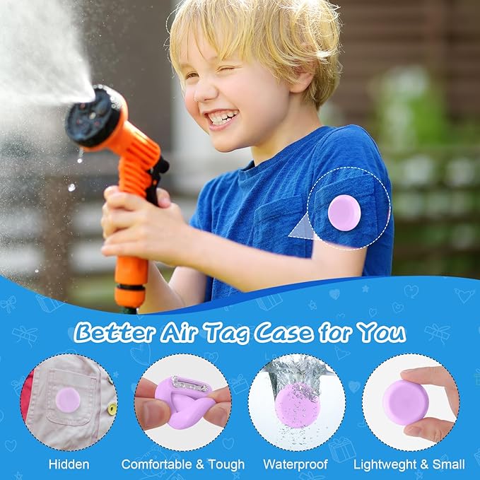 Waterproof Air Tag Holder for Kids, 4 Pack Air Tag Case with Invisible Pin, Soft Silicone Anti-Lost for Apple Air Tag, Used for Children, Elderly, Hidden Inside Clothes, Bag (White/Black/Pink/Purple)