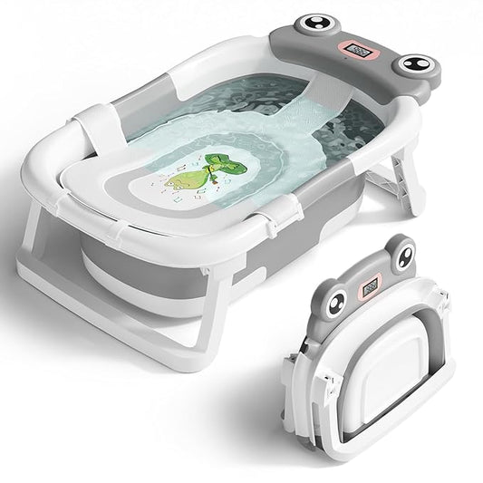 Baby Bathtub, Collapsible Newborn Bathtub for Infant to Toddler 0-24 Months with Soft Cushion and Thermometer,Portable Travel Newborn Tub with No-Slip Feet, Baby Shower Gifts,Grey