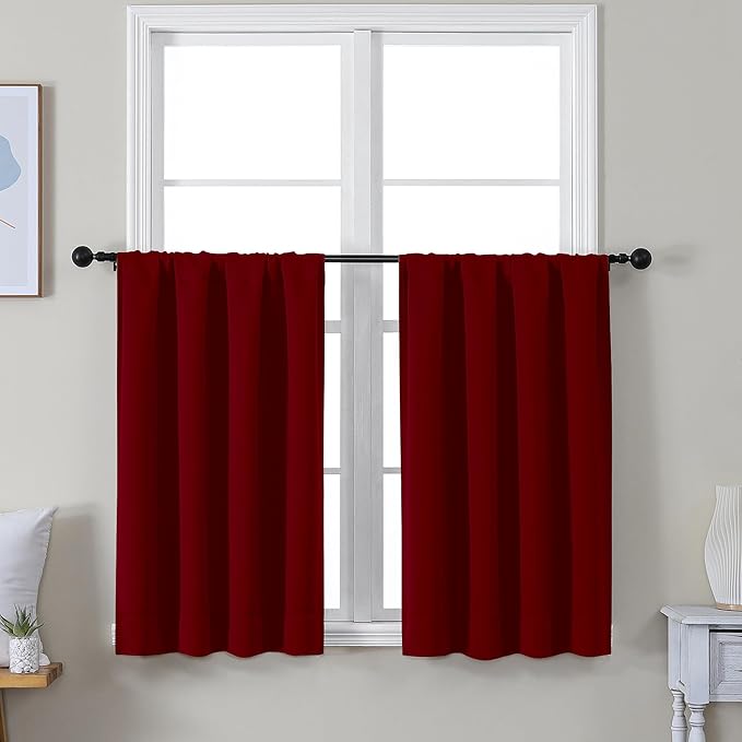 Simplebrand Ava Red Short 36 Inches Blackout Curtain 2 Panels Set, Half Window Rod Pocket Privacy Curtain Tiers for Kitchen, Curtains Blackout for Bathroom Shades, W40 x L36 Inch, Red