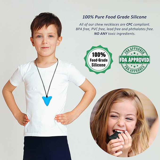 Sensory Chew Necklaces for Kids, Shark Tooth Silicone Chewy Necklace 5 Pack for Autism/ADHD/SPD, Autism Sensory Toys Reduce Chewing Fidgeting for Boys Girls Adults Chewer
