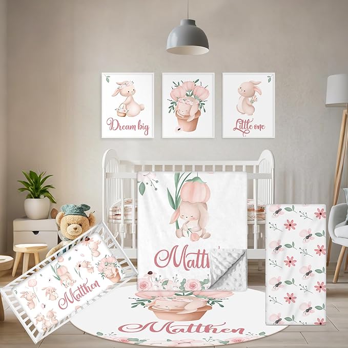 Custom Baby Crib Bedding Set - 5 Pcs Personalized Name Baby Crib Set with Double Layer Blanket - Soft Tulip Bunny Nursery Bedding Set for Girls Boys - Customized Gifts for Infants Toddlers