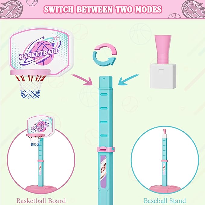 3 in 1 Basketball Hoop and Tee Ball Set for Girls: Baseball Tee with Automatic Pitching Machine Adjustable Height Outdoor and Indoor Sports Toys Christmas Birthday Gift for Kids Age 1-8 Year Old Pink