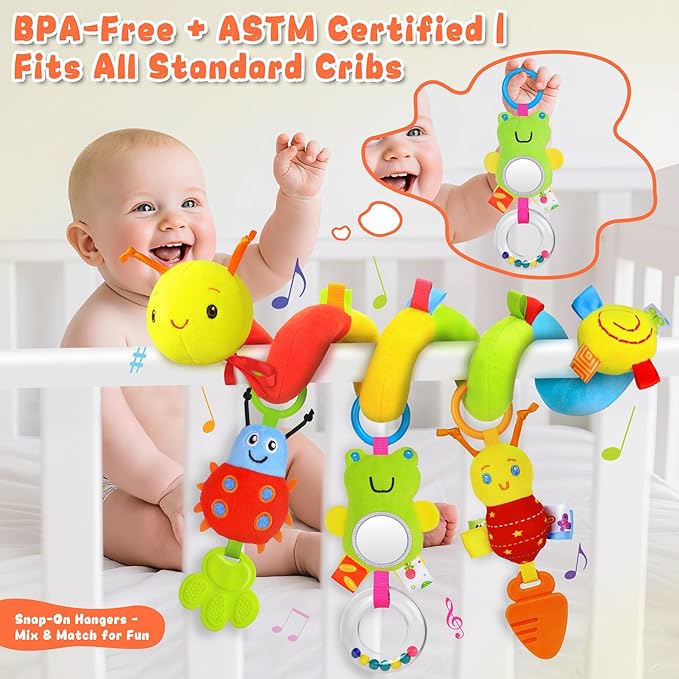 Spiral Car Seat Toys for Infants, 0-6 Months Carseat & Stroller Pram Separable Activity Hanging Toys with Rattle, Teethers, Newborn Soft Plush Travel Toy for Boys Girls Essentials Gifts