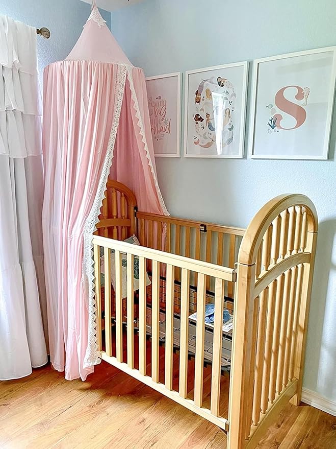 Princess Bed Canopy Mosquito Net for Kids Baby Crib, Round Dome Kids Indoor Outdoor Castle Play Tent Hanging House Decoration Reading Nook Cotton Canvas,Pink