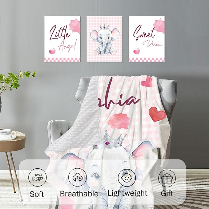 Personalized Nursery Crib Bedding Set: Custom Name Pink Checkered 5 Piece Baby Crib Sets with Cute Elephant Pattern - Toddler Double Layer Blanket Set, Comfortable Crib Bed Sheets for Baby Grils