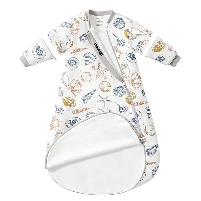 Baby Sleep Sack 6-12 Months, Cotton Detachable Long Sleeve Sleep Sack, 2.5 Tog Toddler Sleeping Sack with Temperature Strips, 2-Way Zipper Wearable Blankets for Newborns, Ocean