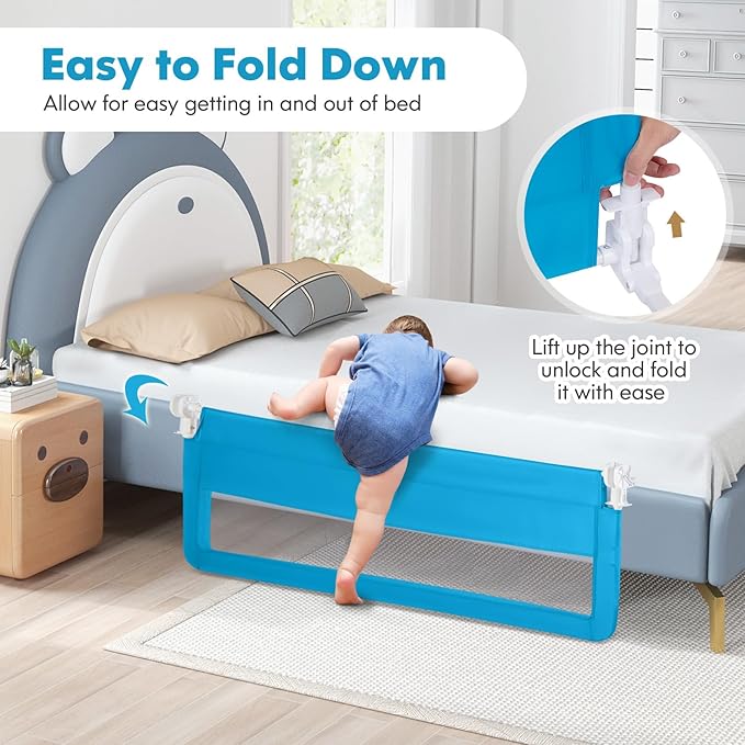 BABY JOY Bed Rails for Toddlers, 59'' Extra Long, Swing Down Bed Guard w/Safety Straps, Folding Baby Bedrail for Kids Twin, Double, Full Size Queen & King Mattress (Blue, 59-Inch)