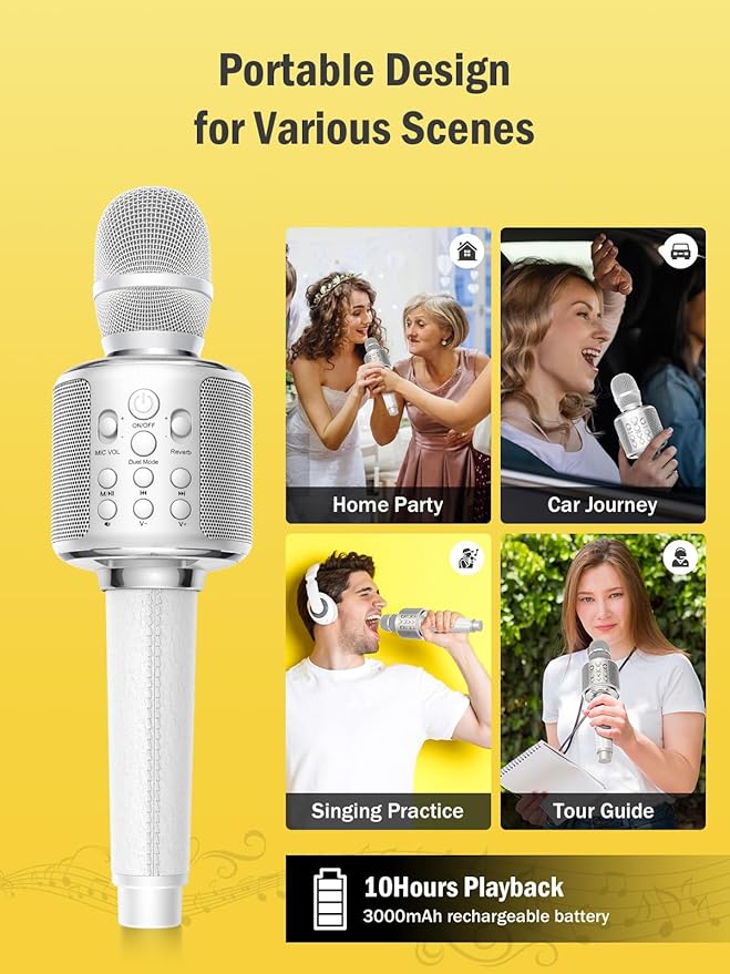 Wireless Bluetooth Karaoke Microphone, Built-in Loud Speaker for 10H Playback, Add Reverb/Duet Mode/Earbuds Monitoring, Portable Karaoke Machine for Entertainment & Singing Practice (White)