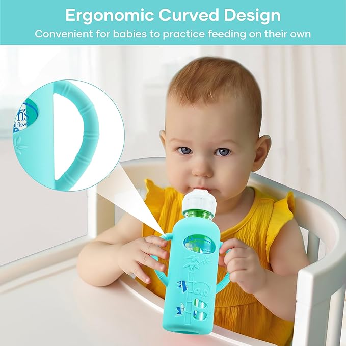 2 Pack Silicone Sleeves for Dr. Brown's Glass Baby Bottles, Anti Breakage Durable Baby Bottle Holder with Easy Grip Handles, Narrow Sleeve with a Cutout, Dishwasher/Freezer/Microwave Safe, 8 oz