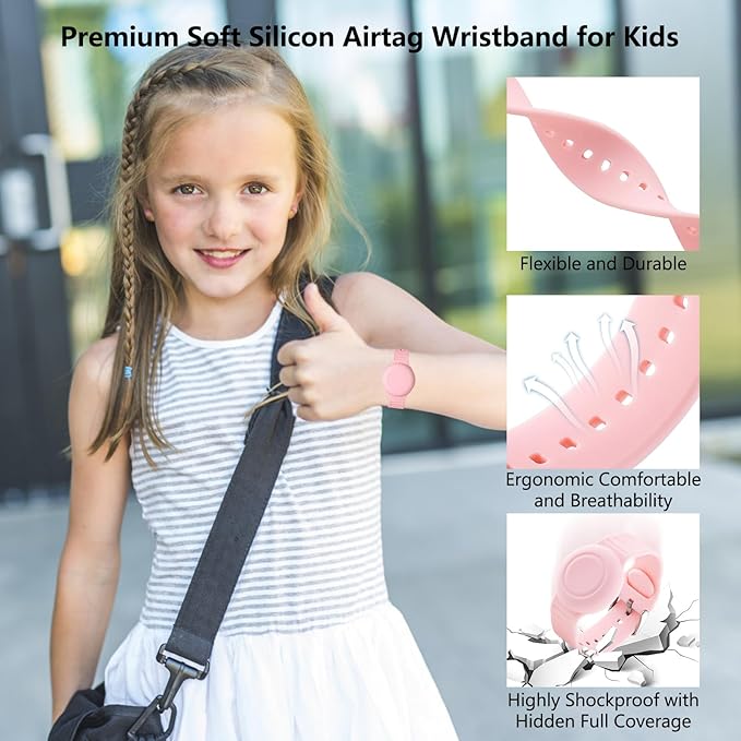 Waterproof Airtag Bracelet for Kids,2 Pack Hidden Airtag Wristband Kids,Anti-Lost Silicone Apple Airtag Holder Case for Toddler,Air tag Case Cover Watch Band GPS Tracker for Child-Pink+Teal