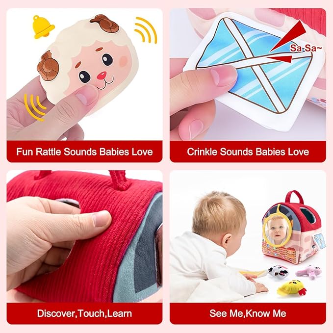 Baby Toys 6-12 Months – Montessori Sensory Barn with Plush Farm Animals, Rattles, Crinkle & Mirror – 1st Birthday Gift or Easter Basket Stuffer for Babies