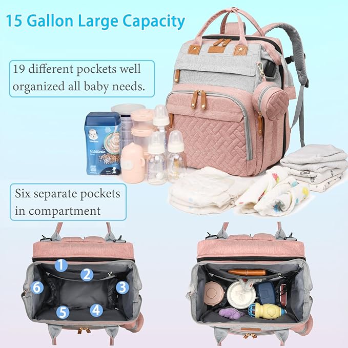 Jeryswet Baby Diaper Bags with Changing Station, Waterproof Large Capacity Diaper Bag Backpack for Moms Dads with USB Charging Port and Stroller Straps, Baby Shower Gifts, Pink-Grey