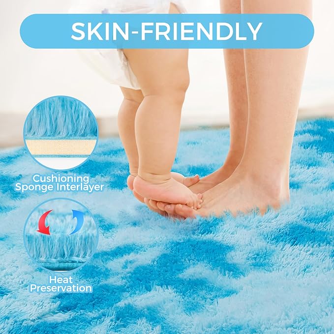 Ultra Soft Rug for Living Room, 4X6 Fluffy Shag Area Rug for Bedroom, Modern Shaggy Carpets Fuzzy Rug for Teens Dorm Nursery Home Decor Aesthetic, Upgrade Anti-Skid Durable, Tie-Dyed Blue